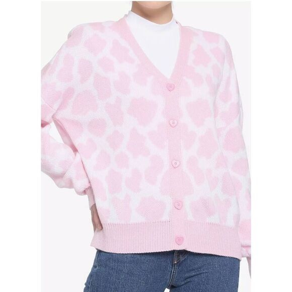 Hot Topic Sweater Cardigan Cow Print Hearts Womens XL Oversized Valentines Day - Picture 1 of 7
